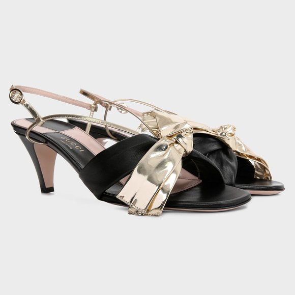 Gucci Leather Mid-heel Sandal With Bow in Black - Picture 1 of 12